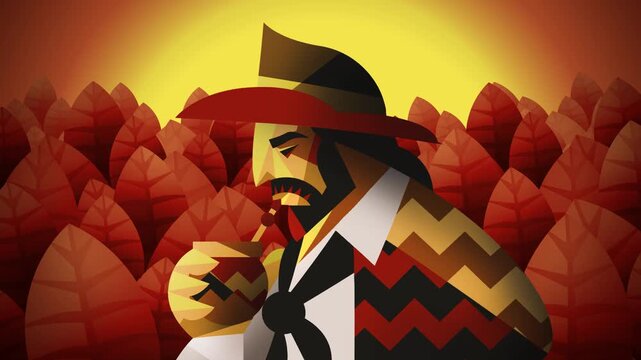 gaucho drinking mate in yerba mate plantation at red sunset sky