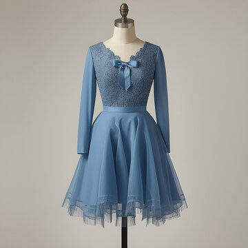 Elegant Blue Long Sleeve Party Dress with Lace and Ribbo