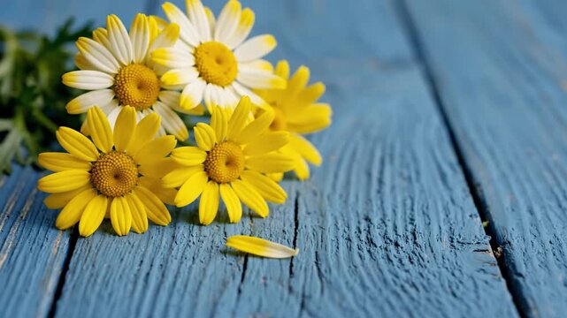 Vibrant Yellow Spring Flowers Arranged on Weathered Blue Wooden Surface Minimalist Floral Background for Photography Backdrop and Creative Graphic Design Template High Resolution Still