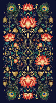 Vibrant floral pattern with lotus flowers, peacock feathers, and intricate golden designs on a dark blue background, showcasing a mix of colorful and ornate elements