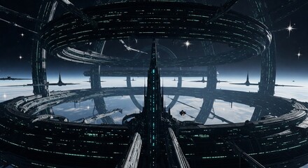 Fototapeta premium Futuristic space station interior with panoramic window view of planet and stars. Concept of space exploration, advanced civilization, sci fi technology future