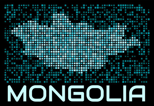 Mongolia digital dotted map. Shape of the country in cyan color palette on dark background. Futuristic Mongolia map design. Vector illustration.