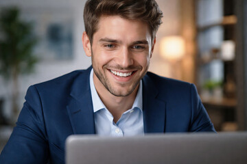 Young caucasian man smiling during remote job interview using laptop at home office. concept of online meeting, professional communication, digital workplace