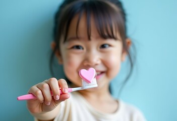 Young girl smiling while holding a toothbrush with a heart-shaped head, showcasing dental care and love for oral hygiene on Valentine's Day