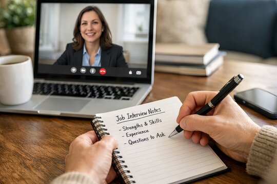 Virtual job interview with smiling woman on laptop screen and note-taking for effective communication. concept of remote work, professional development, online meeting tools