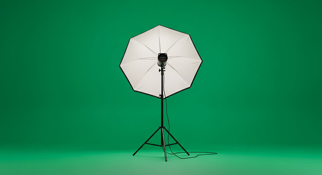 Illuminated Octagonal Softbox Light on a Tripod Stand Against a Vibrant Green Studio Background in Soft Diffused Lighting
