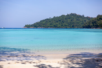 Obraz premium Tropical beach at Koh Surin, Ao Mai Ngam. Turquoise waters near sandy shoreline. Lush green island in background. Clear blue sky above sea.
