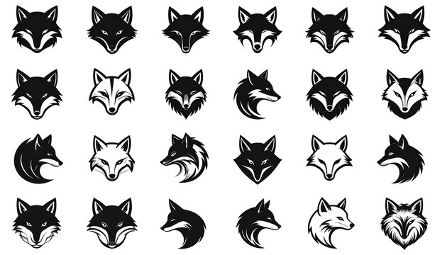 Collection of diverse fox head vector illustrations in black and white style
