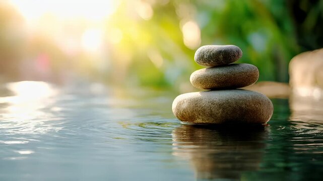 Therapy stress release treatment, health lifestyle. A tranquil scene of a stack of pebbles balanced on top of each other in the water, with a blurred background suggesting a serene environment.