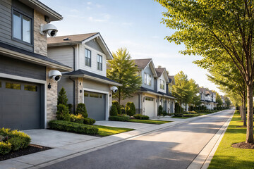 Residential street with modern houses and security cameras for public safety surveillance. concept of neighborhood security, home protection, urban living.
