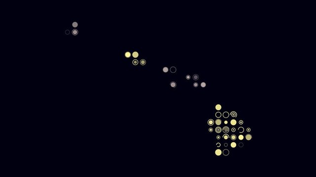 Hawaii animated shape. Pulsating colored dots on the map of the state. Large size circle blocks. Digital style Hawaii map on dark background. Trending animation video.