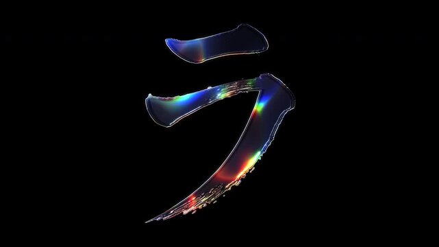 A brush-painted Japanese Katakana "ラ" shimmering with various colored lights on a glass-like surface with an alpha channel. Seamless loop video.