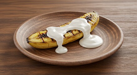 Naklejka premium Grilled Banana with Creamy Sauce on Rustic Plate