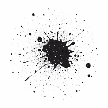 Mancha de tinta negra salpicada con gotas peque&ntilde;as aislada sobre fondo blanco, recurso gr&aacute;fico