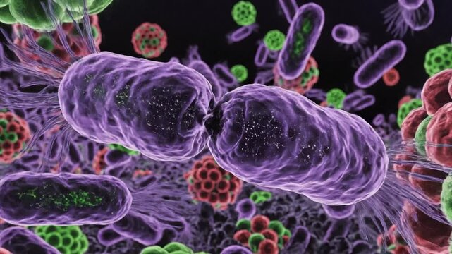 Detailed microscopic visualization of biological bacteria and infectious microorganisms, scientific medical research concept showcasing pathogen cell structure and viral germ disease pathology.