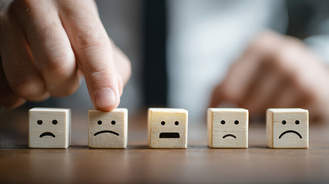 Expression of Disappointment: A fingertip selects a sad-faced cube from a row of emotion dice, casting a shadow of discontent, indicating a negative feedback.