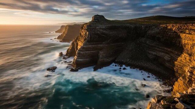 Coastal cliffs meet blurred churning sea at sunset layered rock formations define the landscape