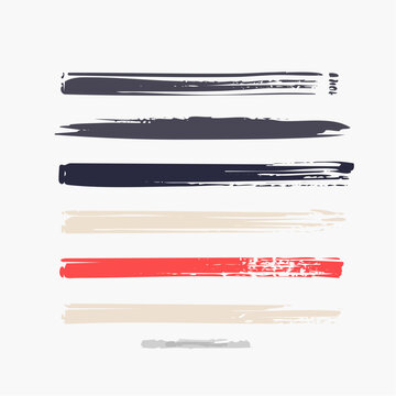Conjunto de seis pinceladas horizontales de pintura a mano alzada con textura, fondo transparente y colores variados.
