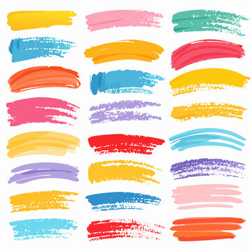 Colecci&oacute;n vibrante de pinceladas art&iacute;sticas y trazos de pintura de colores brillantes con fondo transparente.