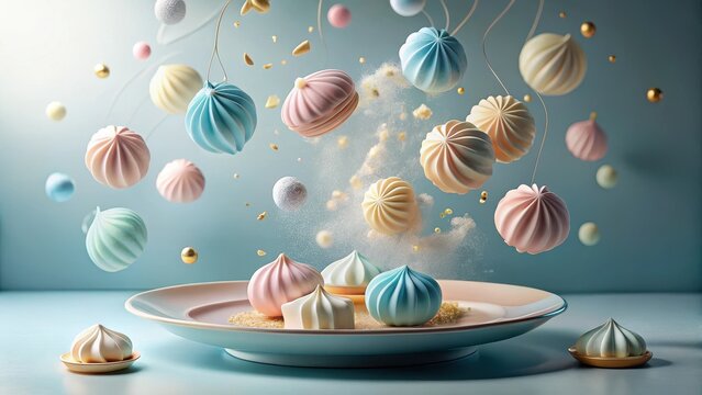 Ethereal Delights Pastel Meringues in Suspended Animation, Gracefully Descending onto a Plate, Adorned with Golden Accents and a Light Dusting of Sugar