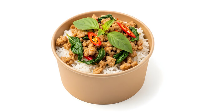 Thai Basil Chicken Rice Pad Krapow Gai in Takeaway Bowl