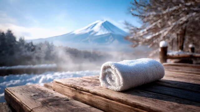Geothermal hot springs resort, spa, bath pool, winter relaxation vacation theme. A white, fluffy towel draped over a wooden table, with a snowcovered mountain in the background.