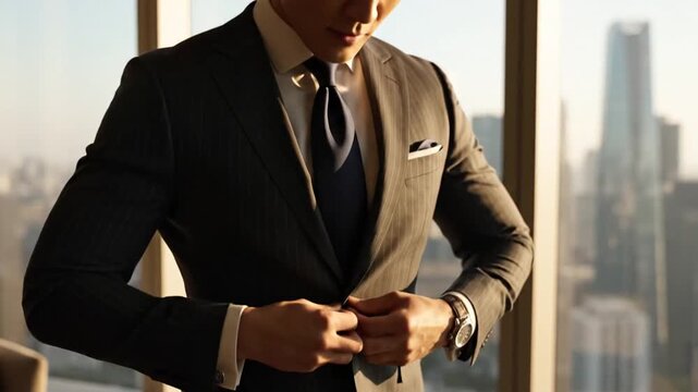 Sophisticated professional gentleman securing buttons on an elegant charcoal tailored blazer preparing for successful urban corporate lifestyle within a modern metropolis setting