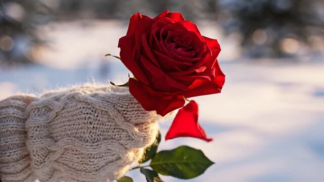A human hand wearing a cozy knitted wool glove holds a beautiful deep crimson rose flower symbolizing a passionate romantic gesture of affection and love during winter or cold weather.