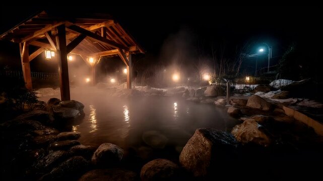 Geothermal hot springs resort, spa, bath pool, winter relaxation vacation theme. A tranquil winter scene at night, illuminated by a wooden gazebo with lanterns.