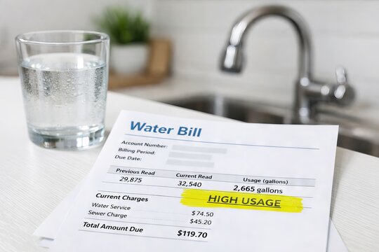 High water usage noted on utility bill with full glass of water in kitchen environment. concept of conservation awareness, household expenses, environmental responsibility