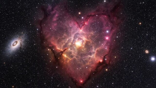 Radiant heart nebula glowing with celestial gas and stardust across the infinite romantic universe, an ethereal cosmic display of love and starlight in deep space.