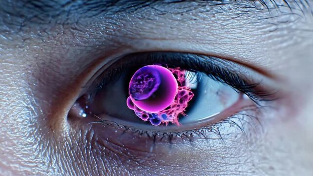 A close-up of a human eye with a vibrant, glowing red and orange reflection