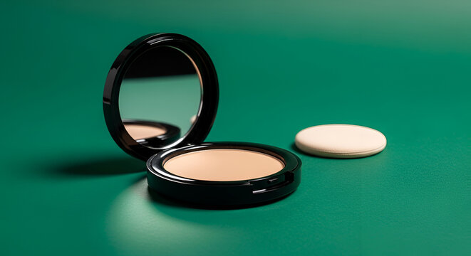 Open compact makeup powder with applicator on a green textured surface studio lighting with reflections cosmetic product for beauty and skincare