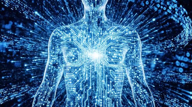 A futuristic human figure with glowing blue circuits and digital patterns