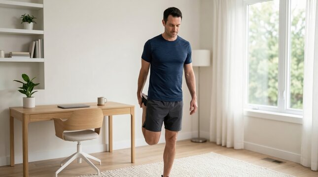 Man doing standing quadriceps stretch in home office room