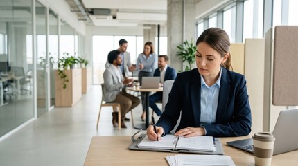 Fototapeta premium Businesswoman writing in planner at desk in modern office