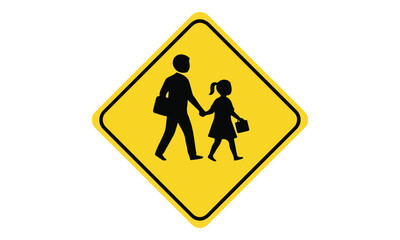 Yellow School Crossing Road Sign Icon with Pedestrian Silhouettes