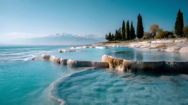 Geothermal hot springs resort, spa, bath pool, winter relaxation vacation theme. Pamukkale Travertine Terraces in Turkey, with its crystal clear turquoise water, rocky terraces, lush green trees.