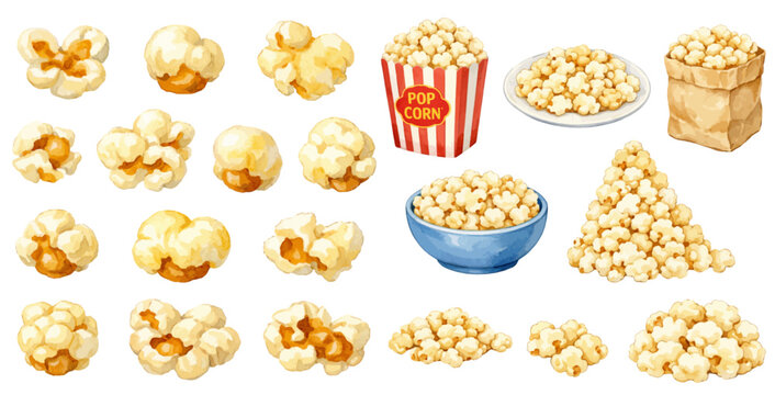 A charming watercolor collection of popcorn featuring fluffy popped corn and classic cinema snack containers illustrated in a fun food style.