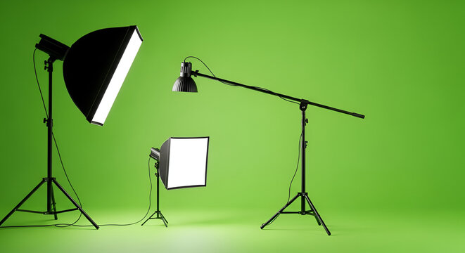 Professional photography lighting setup with multiple strobes and softboxes on stands against a vibrant green seamless background creating a studio