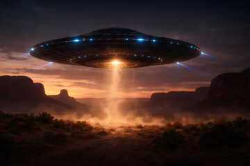Naklejka premium Large UFO Hovering Over a Desert Canyon at Sunset