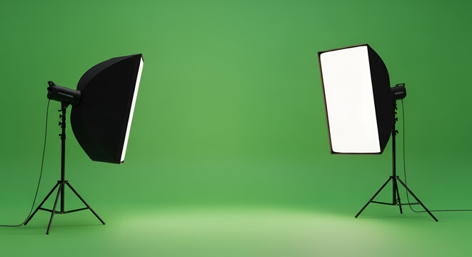 Professional photography studio setup with two softbox lights and a green screen backdrop ideal for video production and creative projects with ample