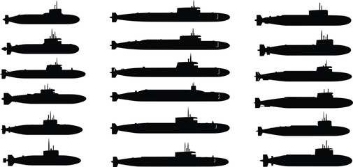 Submarine silhouettes collection, military naval underwater vessels set, navy warship submarine vector illustration isolated on white background © MdNurAlam