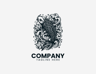 Fototapeta premium Koi fish with waves and maple leaves black vector logo illustration isolated on white background