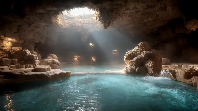 Geothermal hot springs resort, spa, bath pool, winter relaxation vacation theme. A breathtaking underwater cave illuminated by soft, ambient light.