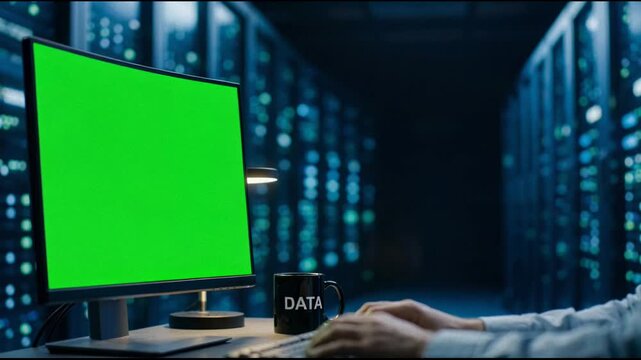 IT Specialist Working on Green Screen Computer in Futuristic Data Center with Server Racks and Blurry Lights