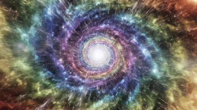 Abstract rainbow portal vortex featuring swirling chromatic energy within a vast dark cosmic void representing deep space universe exploration and mystical interdimensional gateway.