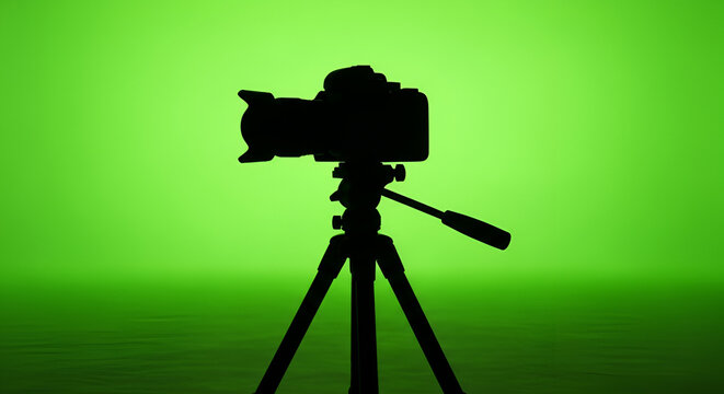 Silhouette of a DSLR camera on a tripod against a vibrant green background creating a studio lighting effect for photography and videography purposes