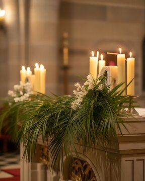 Palm Sunday scene with children waving palm branches inside a church