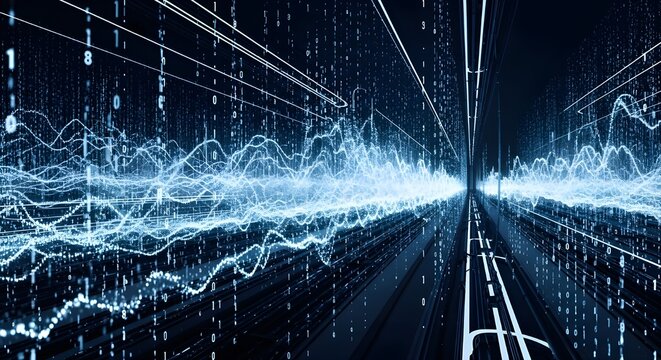 Futuristic data stream with binary code and waveforms